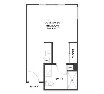 A studio suite floor plan with an open living/bedroom space and kitchenette, and approximately 397 square feet.