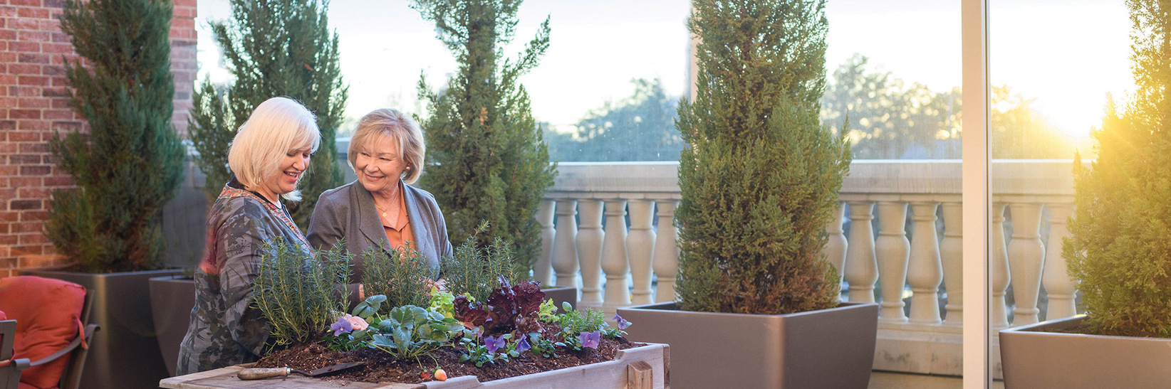 Two residents on large balcony area gardening with a view. Two residents on large balcony area gardening with a view.