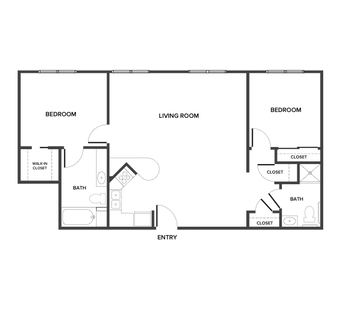 An independent living suite floor plan with two bedrooms and two bathrooms.