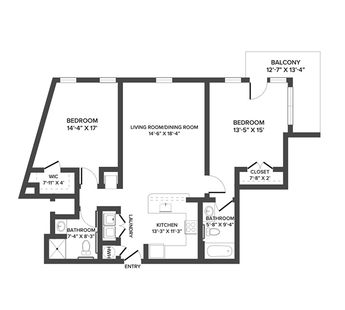 A floor plan with two bedrooms and two bathrooms.