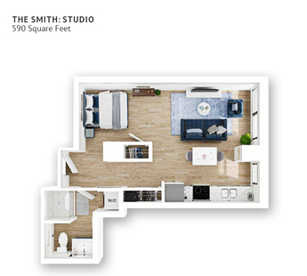 An independent living studio suite floor plan with an open living/bedroom space, kitchenette and approximately 590 square feet.