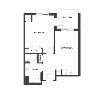 An assisted living suite floor plan with one bedroom.
