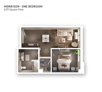 An assisted living suite floor plan with one bedroom, a bathroom, and approximately 639 square feet.