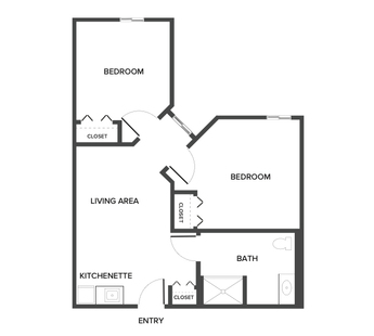 An assisted living suite floor plan with two bedrooms and a bathroom.