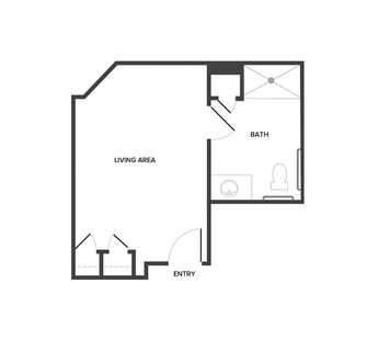 A memory care shared studio suite floor plan with two bedrooms and one bathroom.