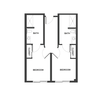 A memory care shared  suite floor plan with two bedrooms and two bathrooms.