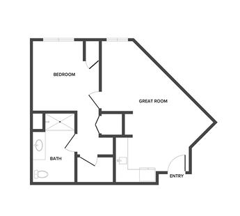 An assisted living suite floor plan with one bedroom and a bathroom.