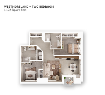 An independent living suite floor plan with two bedrooms and approximately 1,102 square feet.