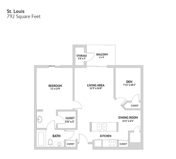 An independent living suite floor plan with one bedroom, a den, and approximately 792 square feet.