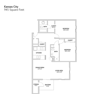 An independent living suite floor plan with two bedrooms and two bathrooms.