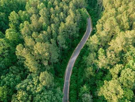 An aerial shot of a road winding through a lush forest.