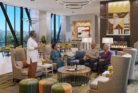 Residents of The Arch at The Sky Bridge at Town Center mingle in the sky lounge.