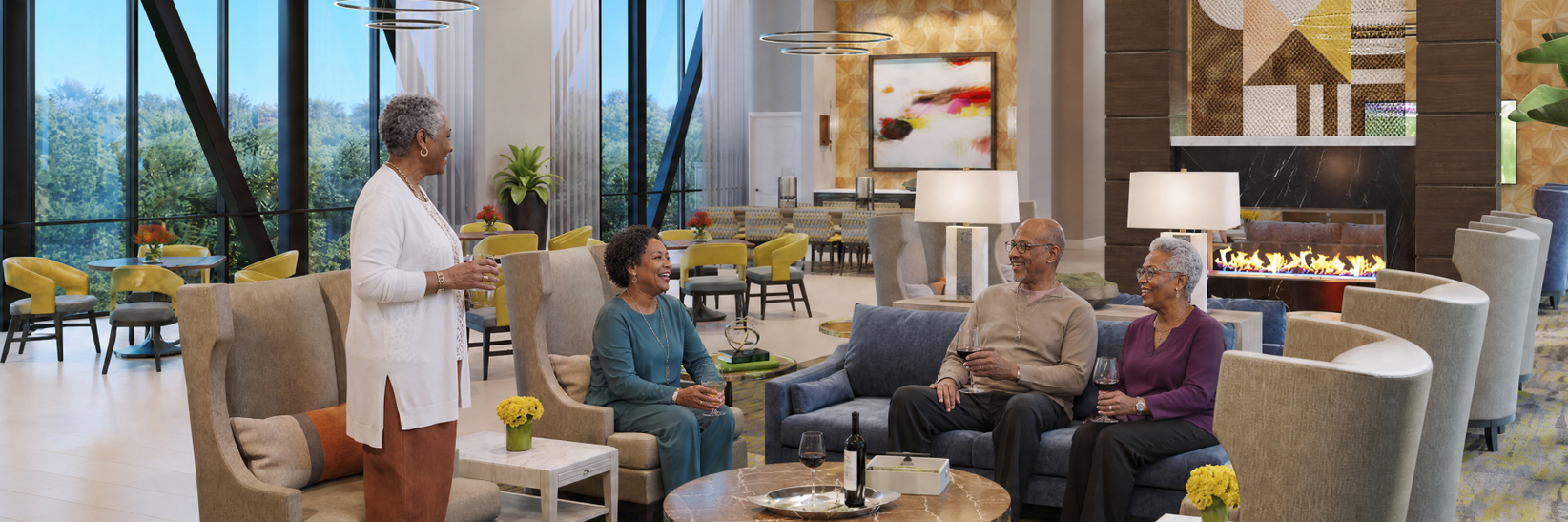 Residents of The Arch at The Sky Bridge at Town Center mingle in the sky lounge. Residents of The Arch at The Sky Bridge at Town Center mingle in the sky lounge.