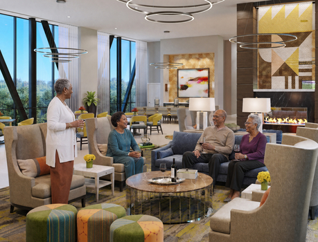 Residents of The Arch at The Sky Bridge at Town Center mingle in the sky lounge.