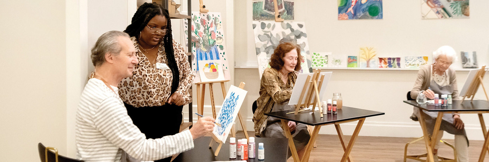 A group of people in a painting class.