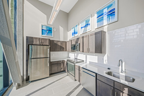 A kitchen in an apartment at The Skybridge at Town Center.