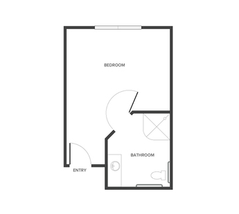 A memory care studio suite floor plan with an open bedroom space.