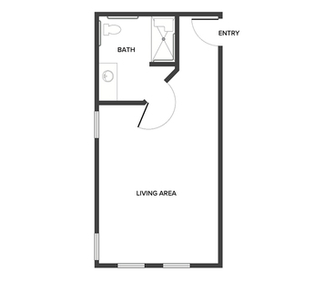 A memory care studio suite floor plan with an open living/bedroom space and a bathroom.
