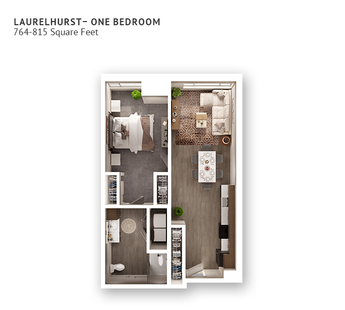 An independent living suite floor plan with one bedroom and approximately 764-815  square feet.