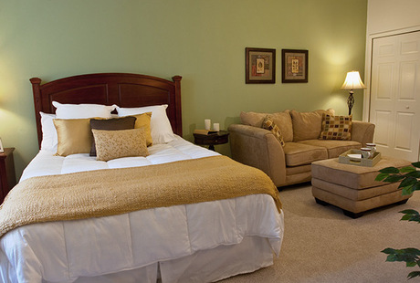 Studio bedroom at Blue Bell Place, a Senior Living Community in Blue Bell. 