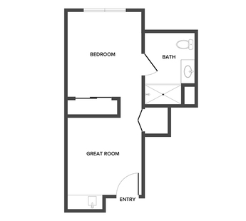 An assisted living suite floor plan with one bedroom and a bathroom.