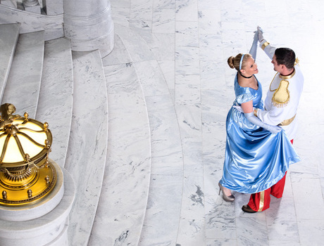 Cinderella and Prince Charming dancing.