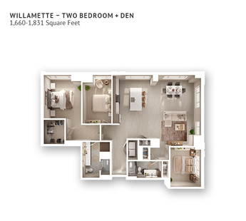 An independent living suite floor plan with two bedrooms and a den.