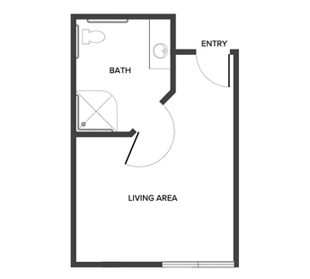 A memory care studio suite floor plan with an open living/bedroom space.