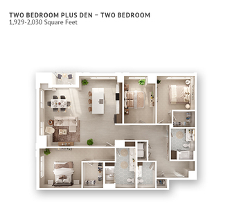 An independent living suite floor plan with two bedrooms, a den, two bathrooms and approximately 1,929-2,030 square feet.