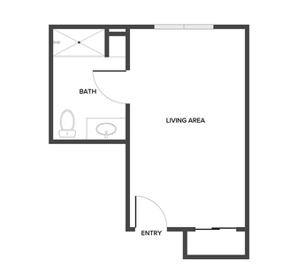 A memory care studio suite floor plan with an open living/bedroom space.