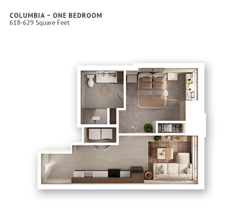 An independent living suite floor plan with one bedroom and approximately 618-629 square feet.