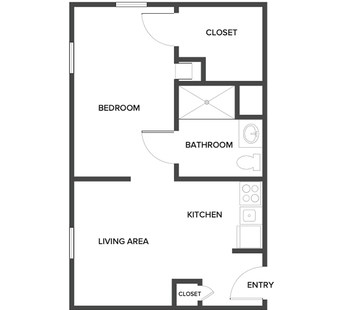 An assisted living suite floor plan with one bedroom and a bathroom.