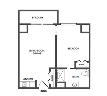 An assisted living floor plan with one bedroom.
