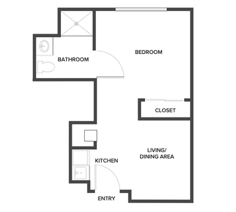 A memory care suite floor plan with one bedroom and a bathroom.
