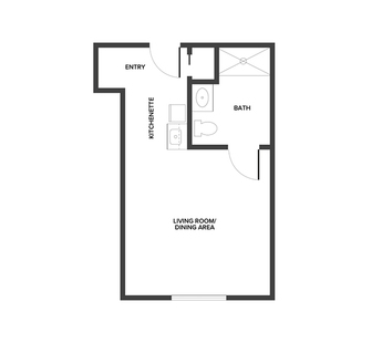 An assisted living studio suite floor plan with an open living/bedroom space and kitchenette.