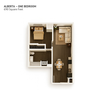 An independent living floor plan with one bedroom and approximately 690 square feet.