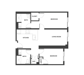An assisted living suite floor plan with two bedrooms and two bathrooms.