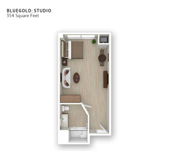 A memory care studio suite floor plan with an open living/bedroom space and approximately 354 square feet.