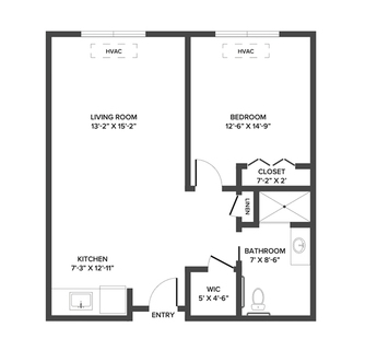 An assisted living suite floor plan with one bedroom and a bathroom.