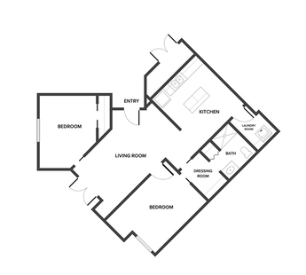 An assisted living suite floor plan with two bedrooms and a bathroom.