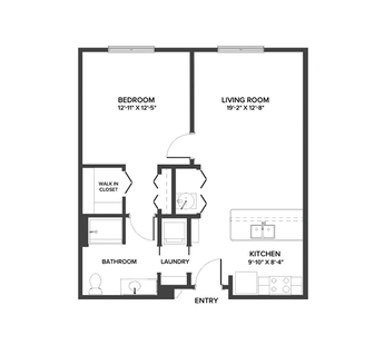 An Independent living suite floor plan with one bedroom.