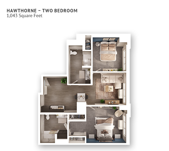 An assisted living suite floor plan with two bedrooms, two bathrooms, and approximately 1,043 square feet.