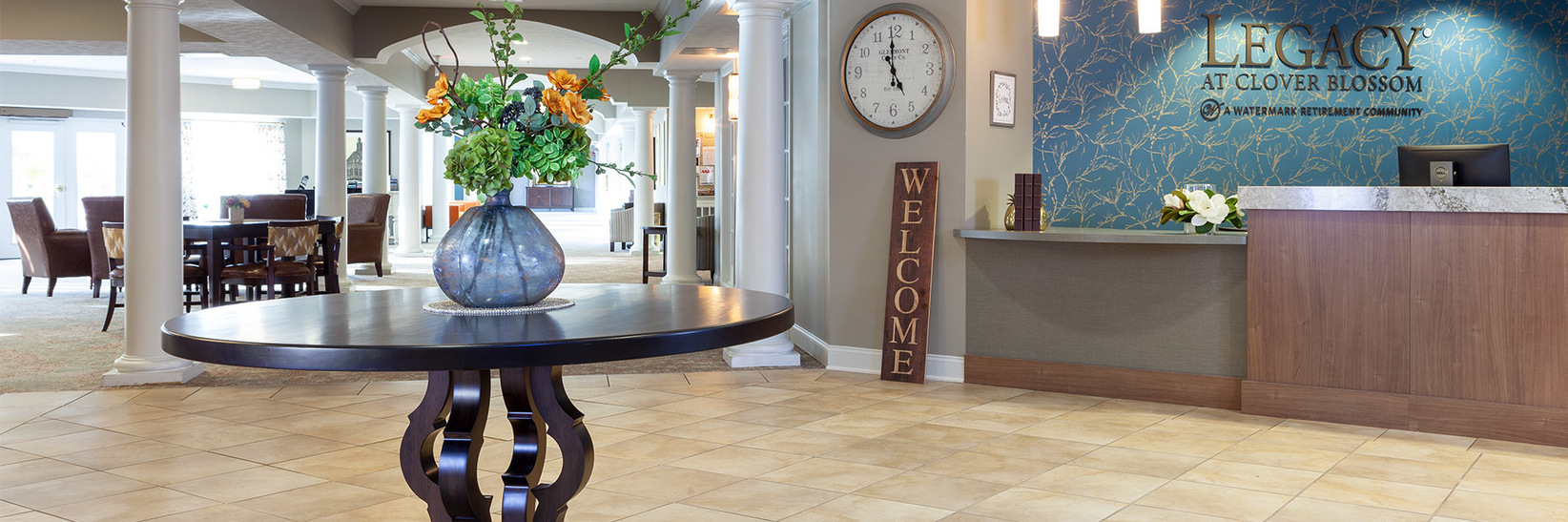 Legacy at Clover Blossom lobby senior living community in Rochester, NY. Legacy at Clover Blossom lobby senior living community in Rochester, NY.