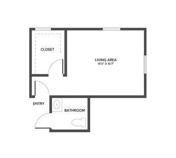 A memory care suite floor plan with one bedroom and a bathroom.