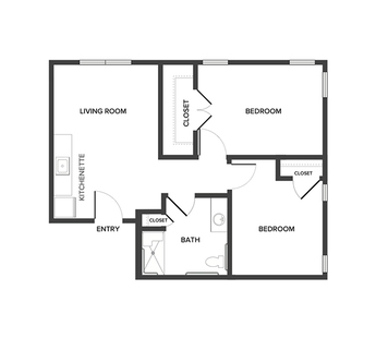 An assisted living suite floor plan with two bedrooms and a bathroom.