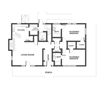 A floor plan with two accessible bedrooms and two bathrooms.