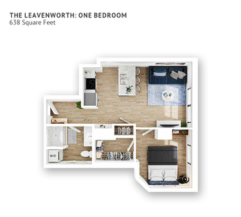 An independent living suite floor plan with one bedroom and approximately 638 square feet.