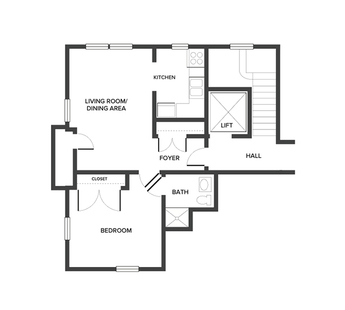 A floor plan with one bedroom and a bathroom.