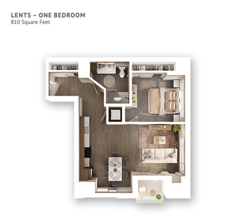 An independent living suite floor plan with one bedroom and approximately 810 square feet.