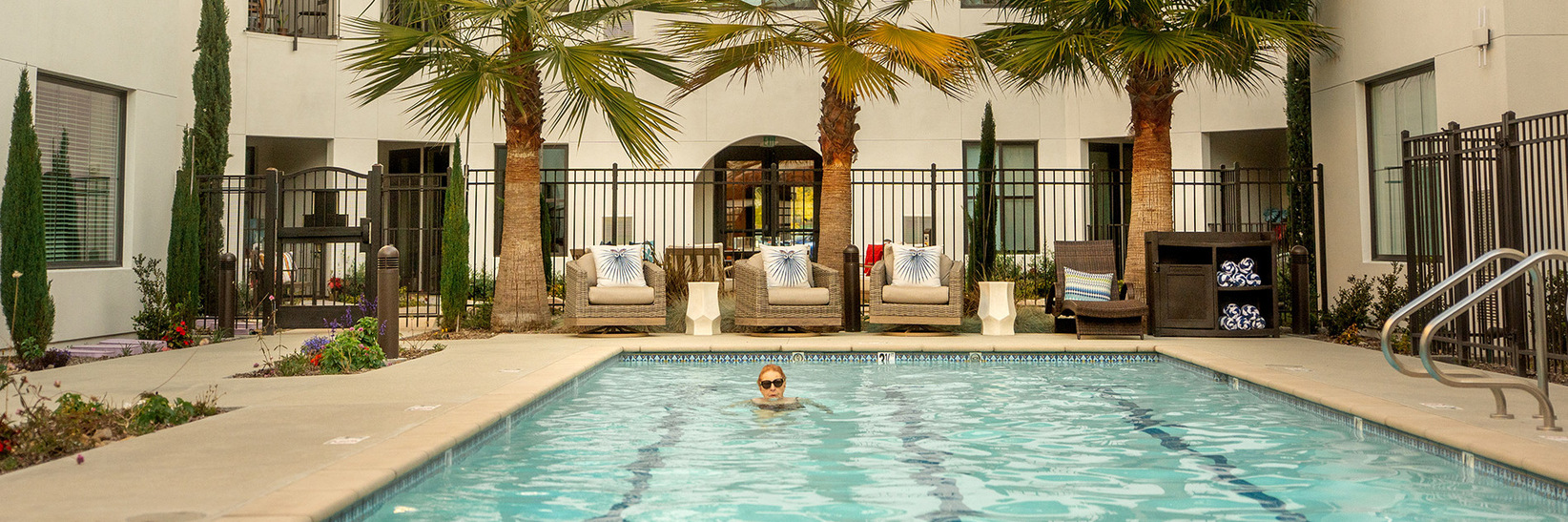 Pool at the independent living residences at The Hacienda Mission San Luis Rey in Oceanside, CA.